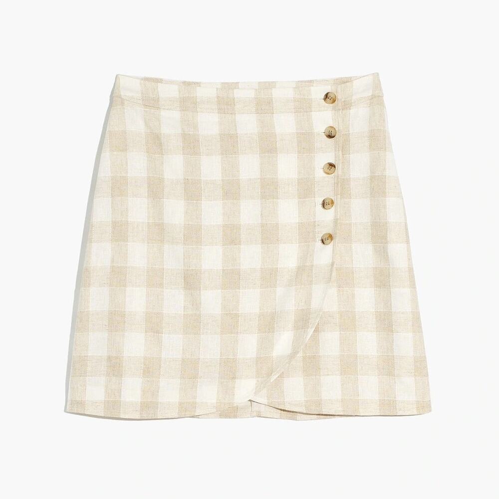 [Madewell] Neutral Plaid Tan Cream Linen Blend Button Wrap Mini Skirt NWT Sz 12
